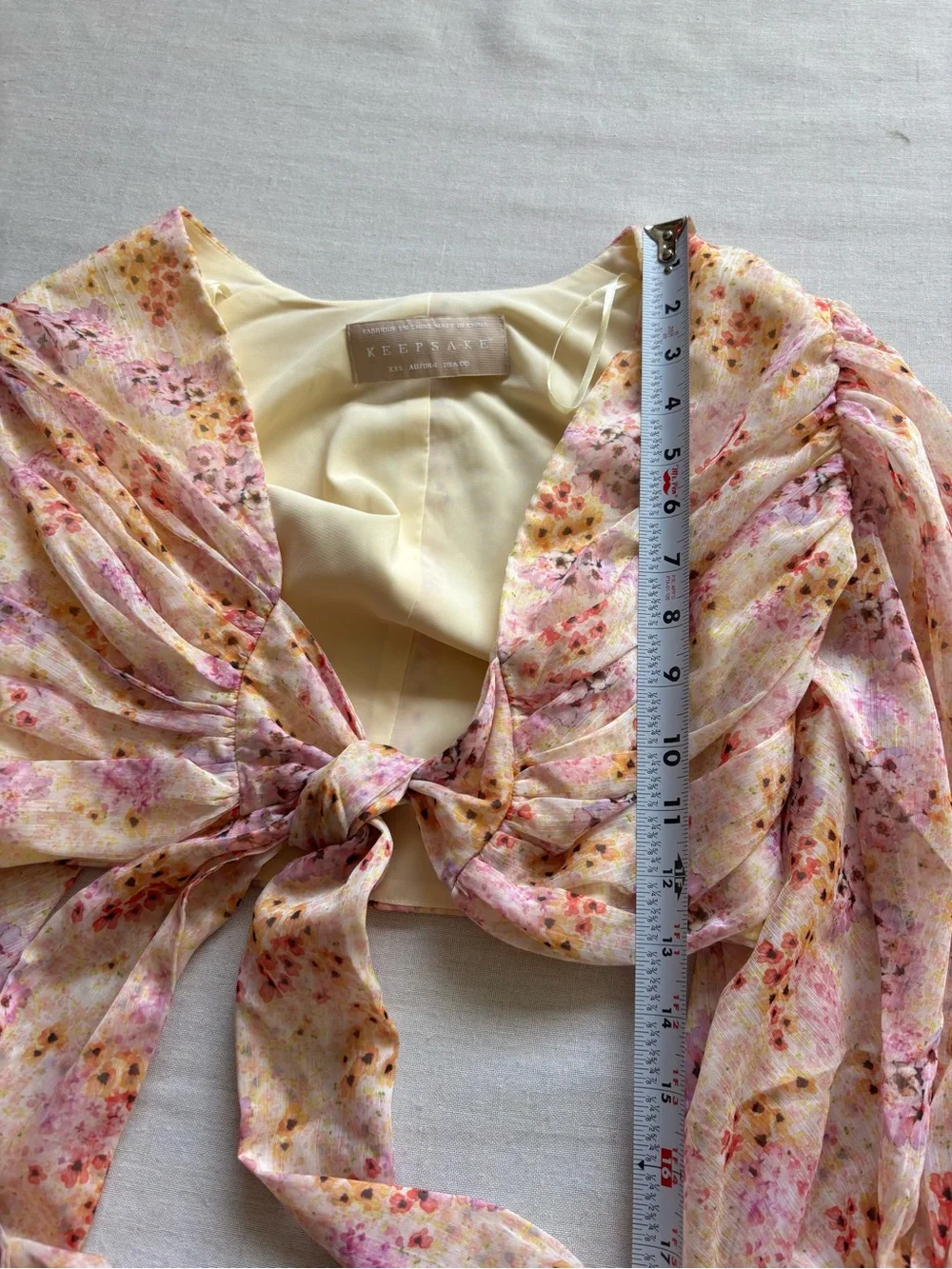 Keepsake Front Tie Floral Puff Sleeve Cropped Blouse Pink Beige XXS
